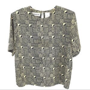 Vintage Blouse Top Womens Sz L Black Yellow Y2K Short Sleeved‎ Geometric Print